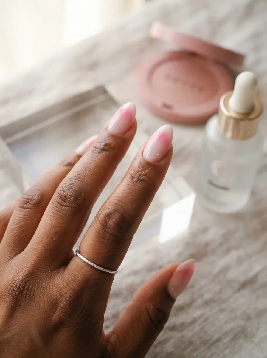 Pink aura French tips fading softly into nude almond nails on brown skin