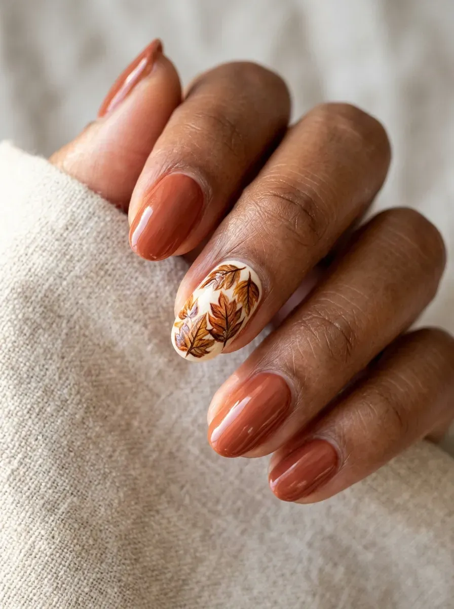 Hand-painted autumn leaf design on a single accent nail