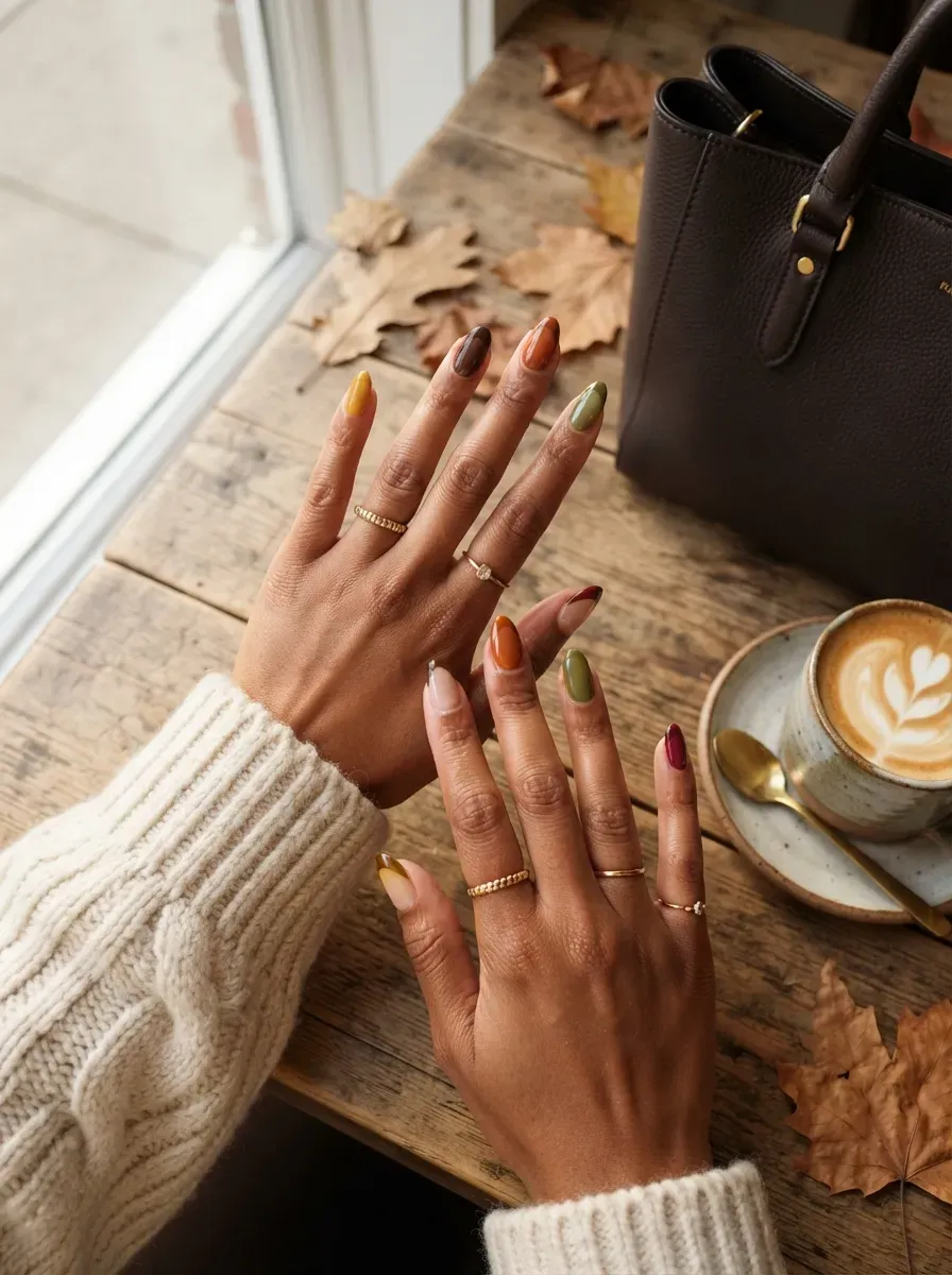 Different burgundy olive brown and rust French tips across almond nails