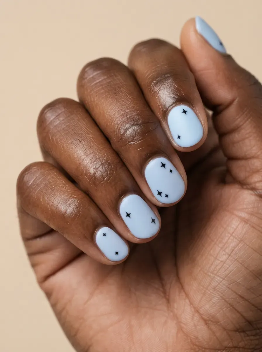 Baby blue nails with tiny black star accents on deep brown skin and glossy finish