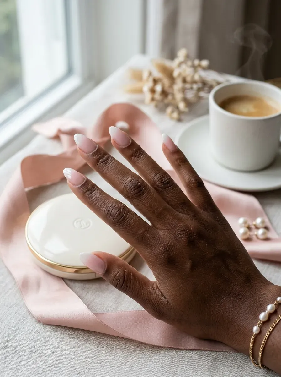 Pink and white baby boomer French fade on medium almond nails