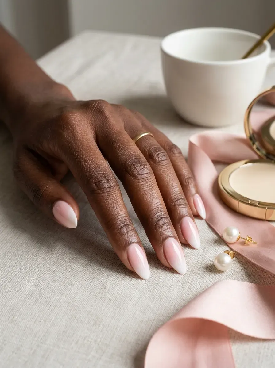 Pink and white baby boomer ombré on medium almond nails