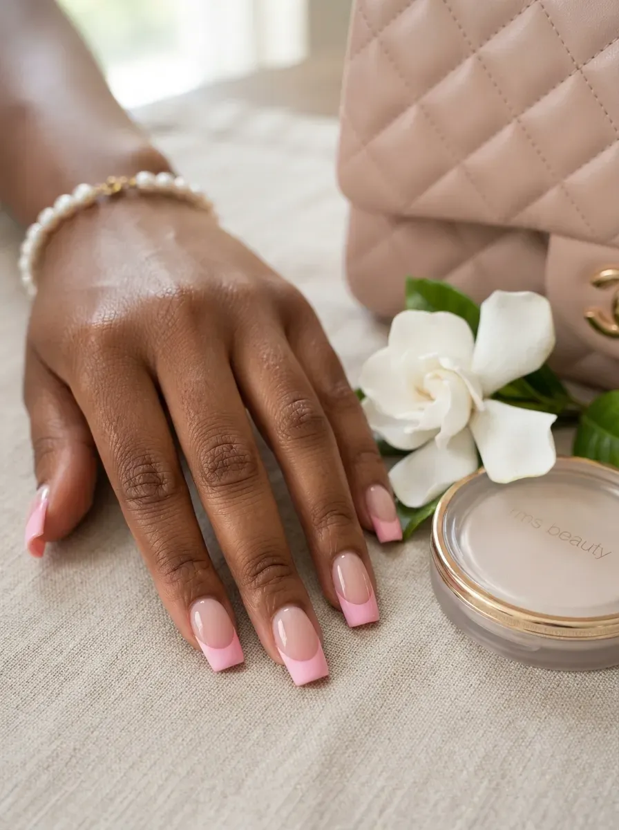 Baby pink deep French tips on tapered square nails with brown skin