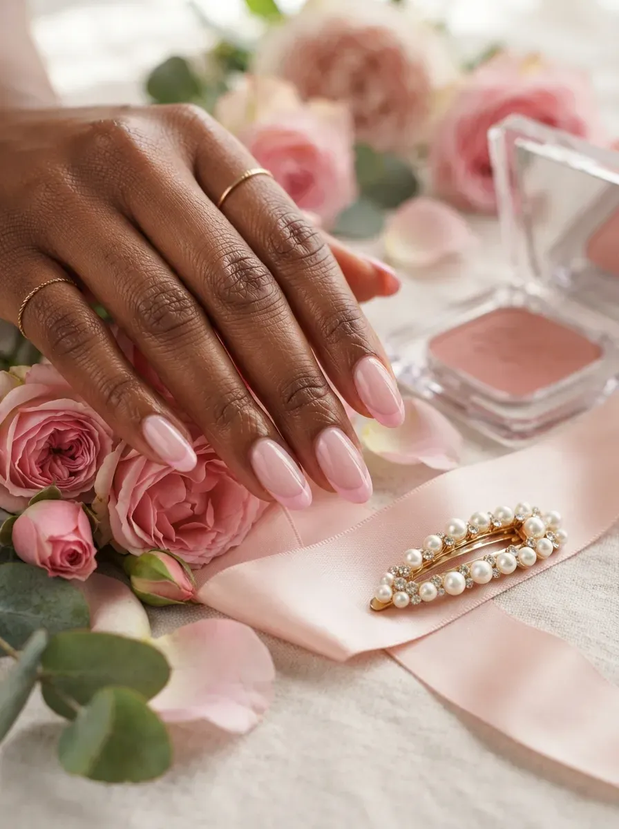 Baby pink French tips on glossy oval nails with brown warm toned skin