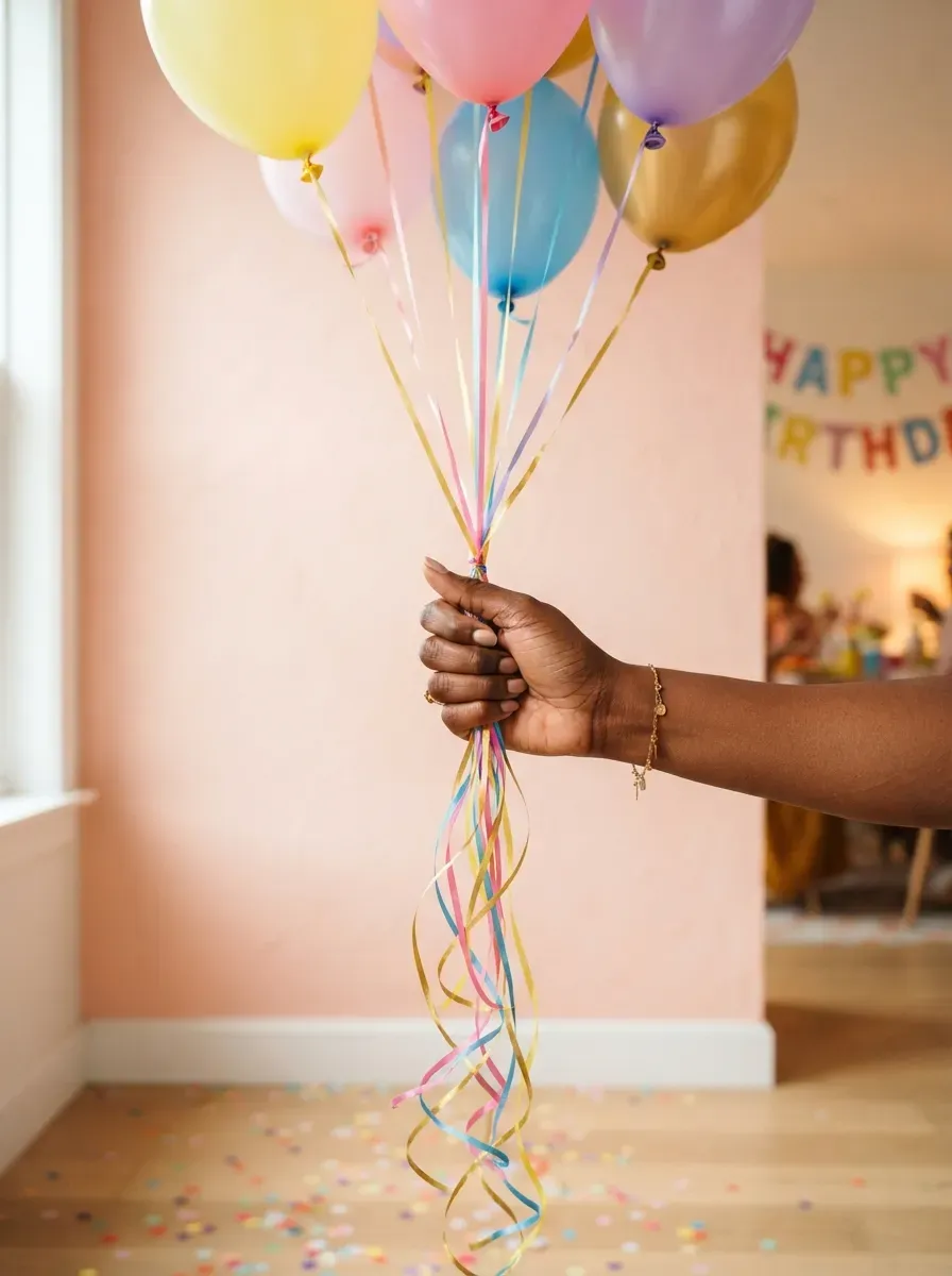 Hand with painted balloon nail art clusters holding real party balloon strings
