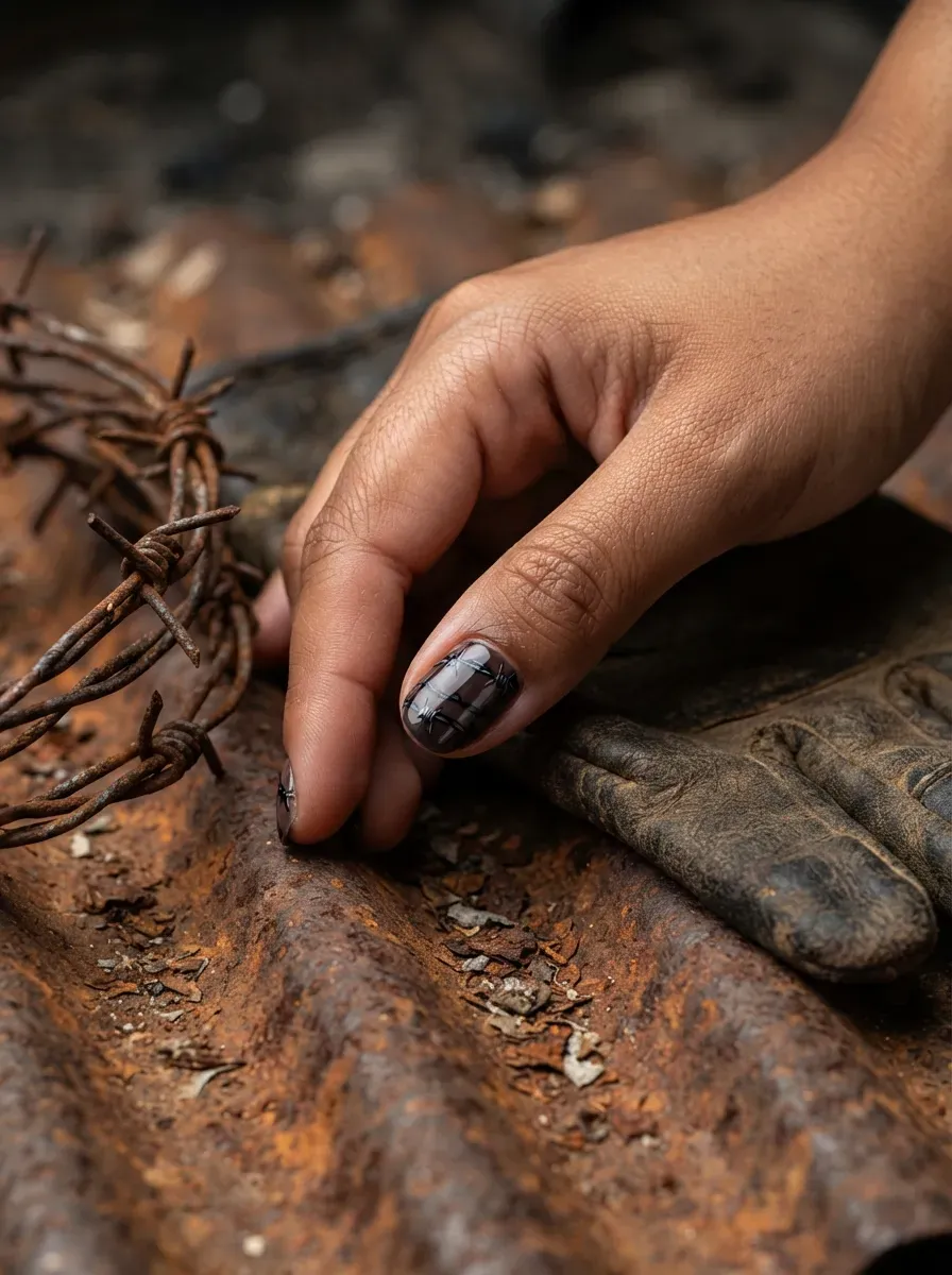 Close-up of black barbed wire wrap nail art on warm brown skin