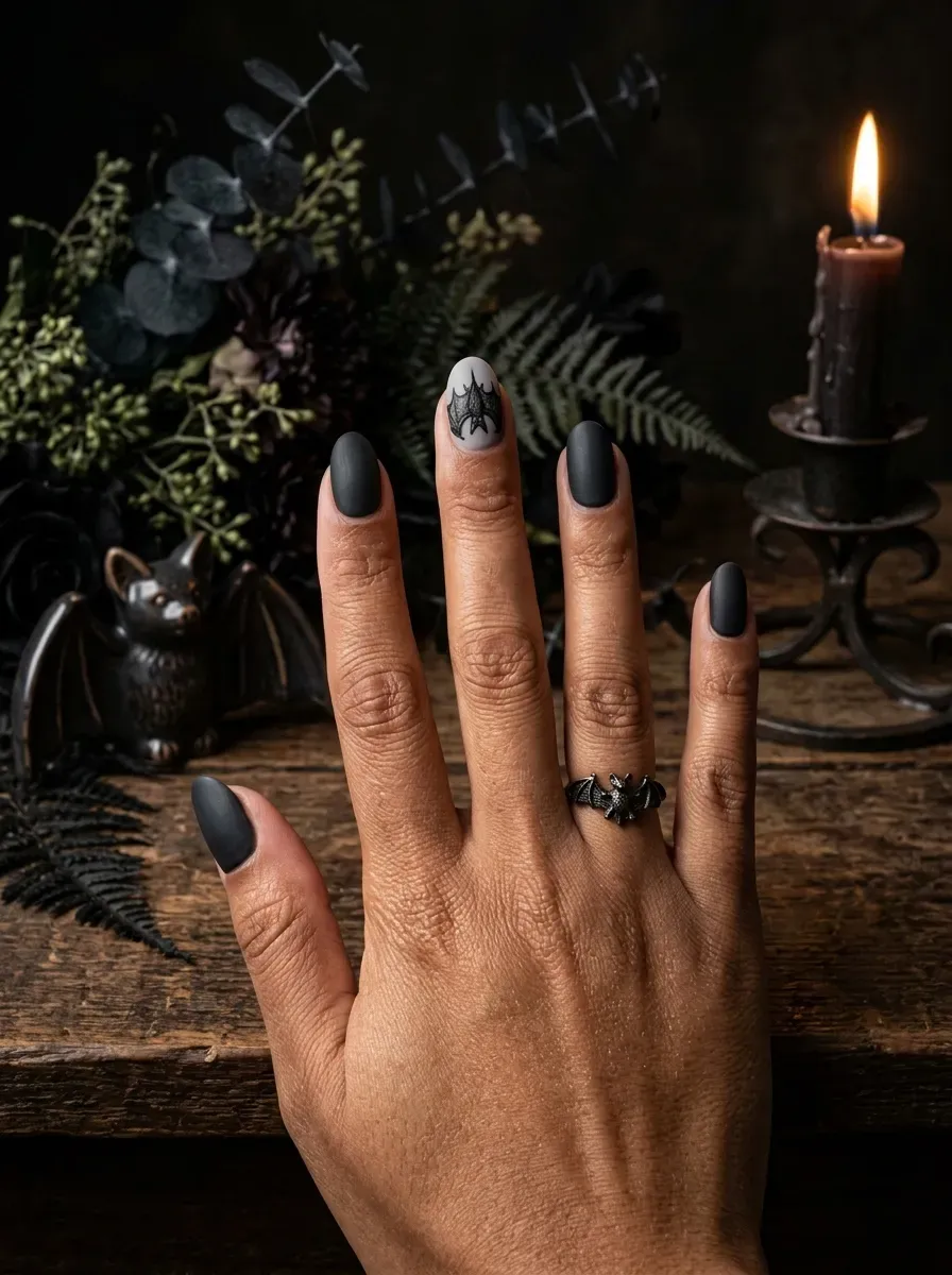 One accent nail with a large detailed black bat wing painted over a grey base on brown skin with warm undertones