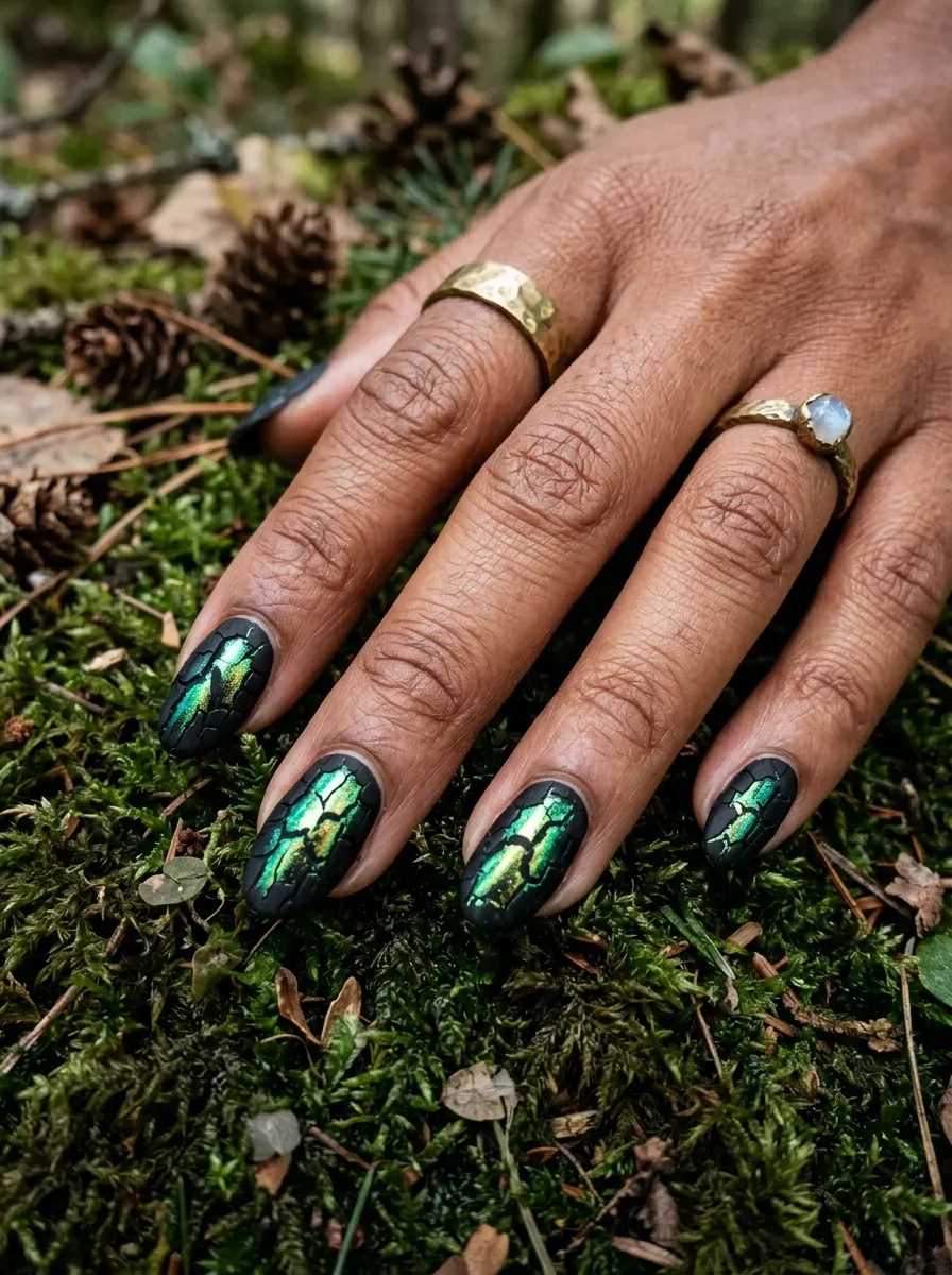 Crackle black polish over iridescent green-gold chrome base