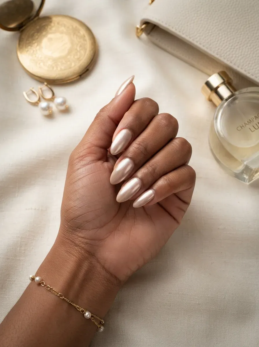 Beige glazed chrome almond nails on warm brown skin with luxury accessories