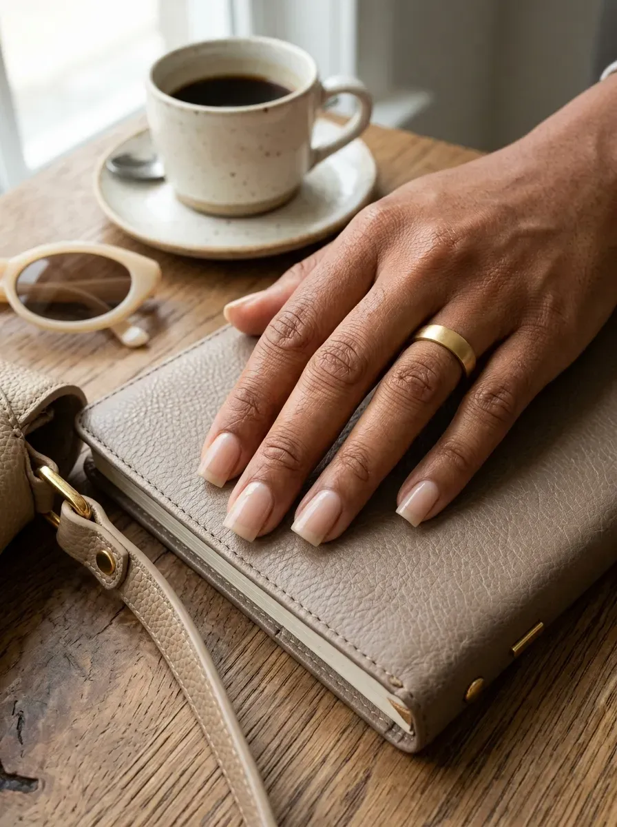 Short square nails with soft beige French tips on warm brown skin