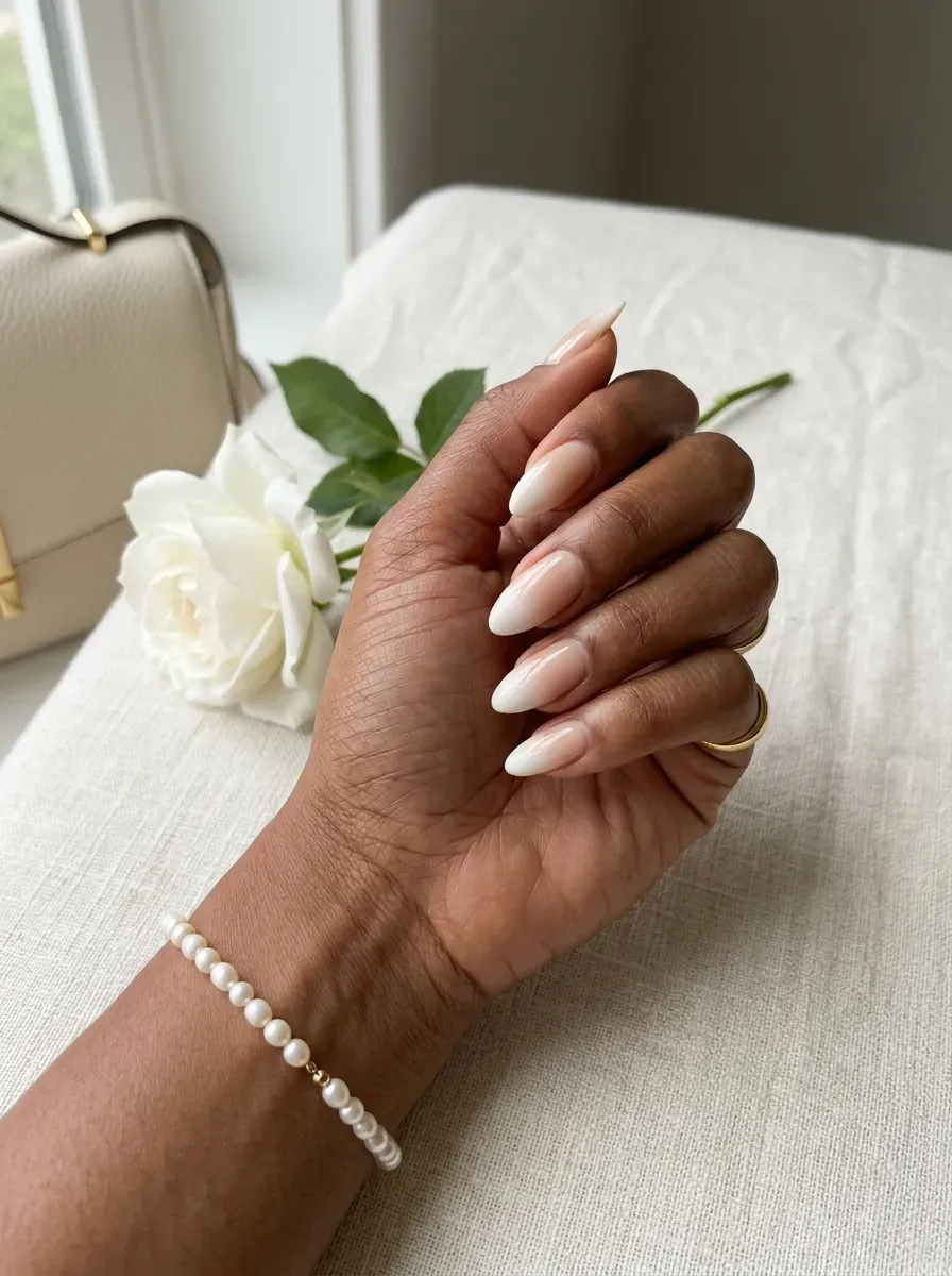 Beige ombré French tips fading into translucent nude square nails