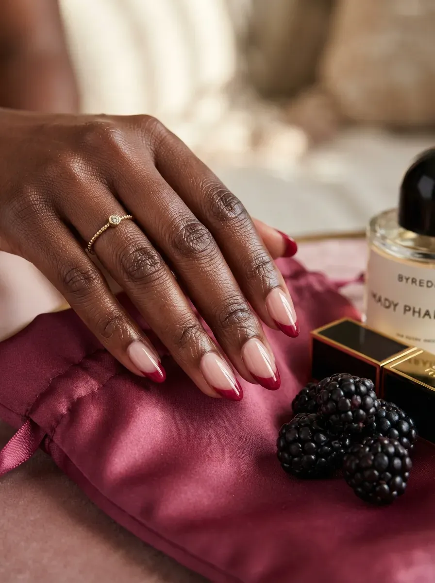 Berry colored French tips on almond nails with deep brown skin