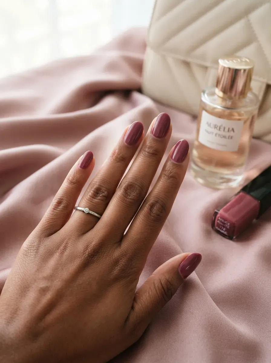 Berry mauve nails on brown skin with pink and burgundy accessories