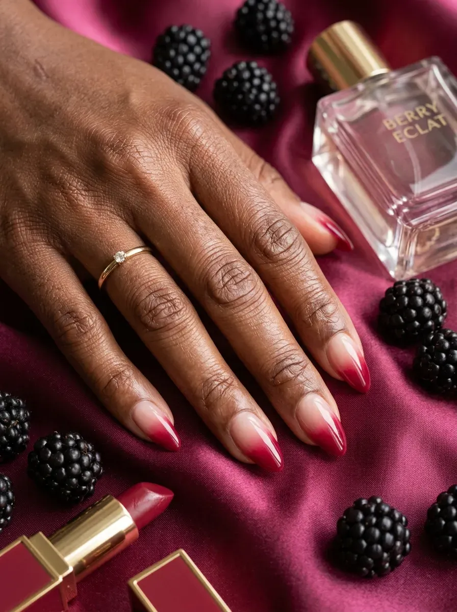 Berry French ombré fading over almond nails with deep brown skin