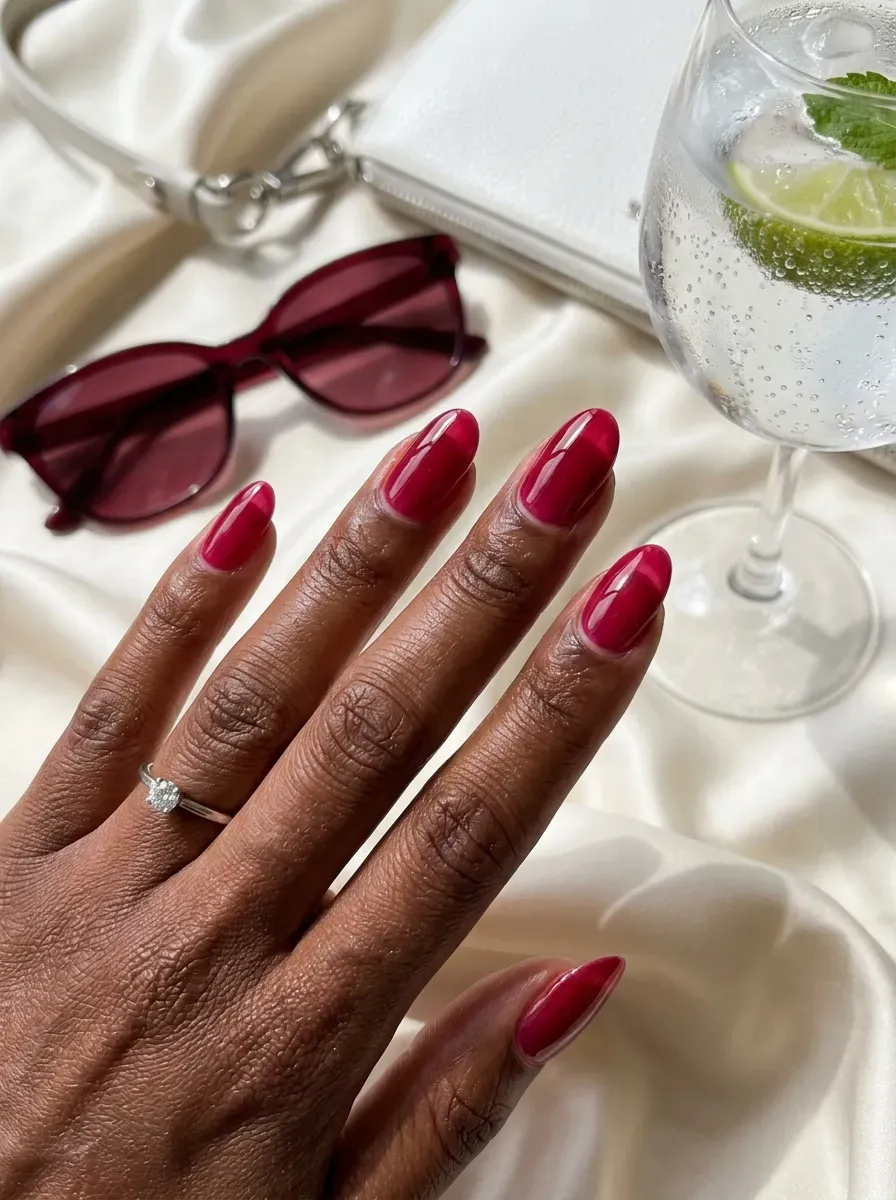 Translucent berry red nails on deep chestnut skin beside late summer accessories