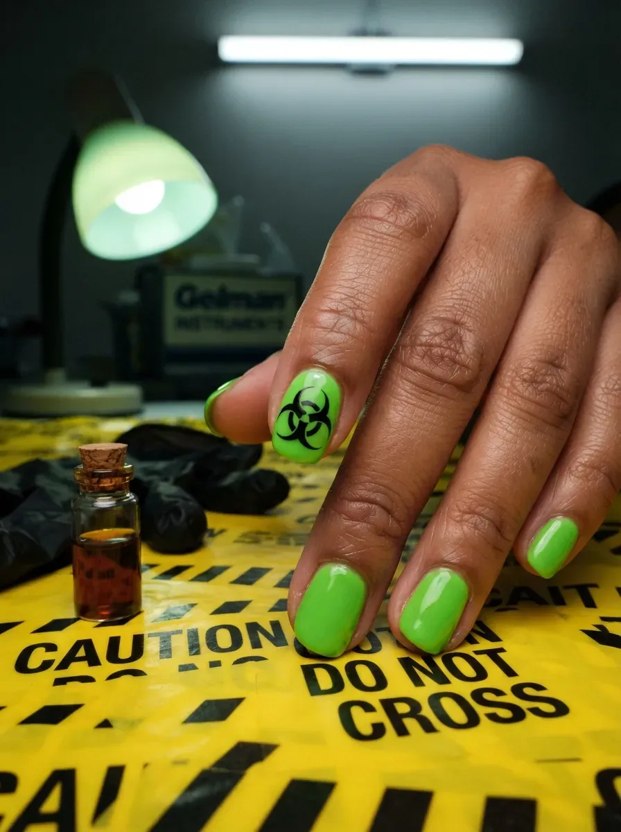 Close-up of a black biohazard symbol nail accent over toxic green on warm brown skin