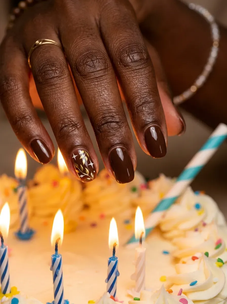 Close-up of flame-detail nail art accent on deep brown skin near lit birthday candles