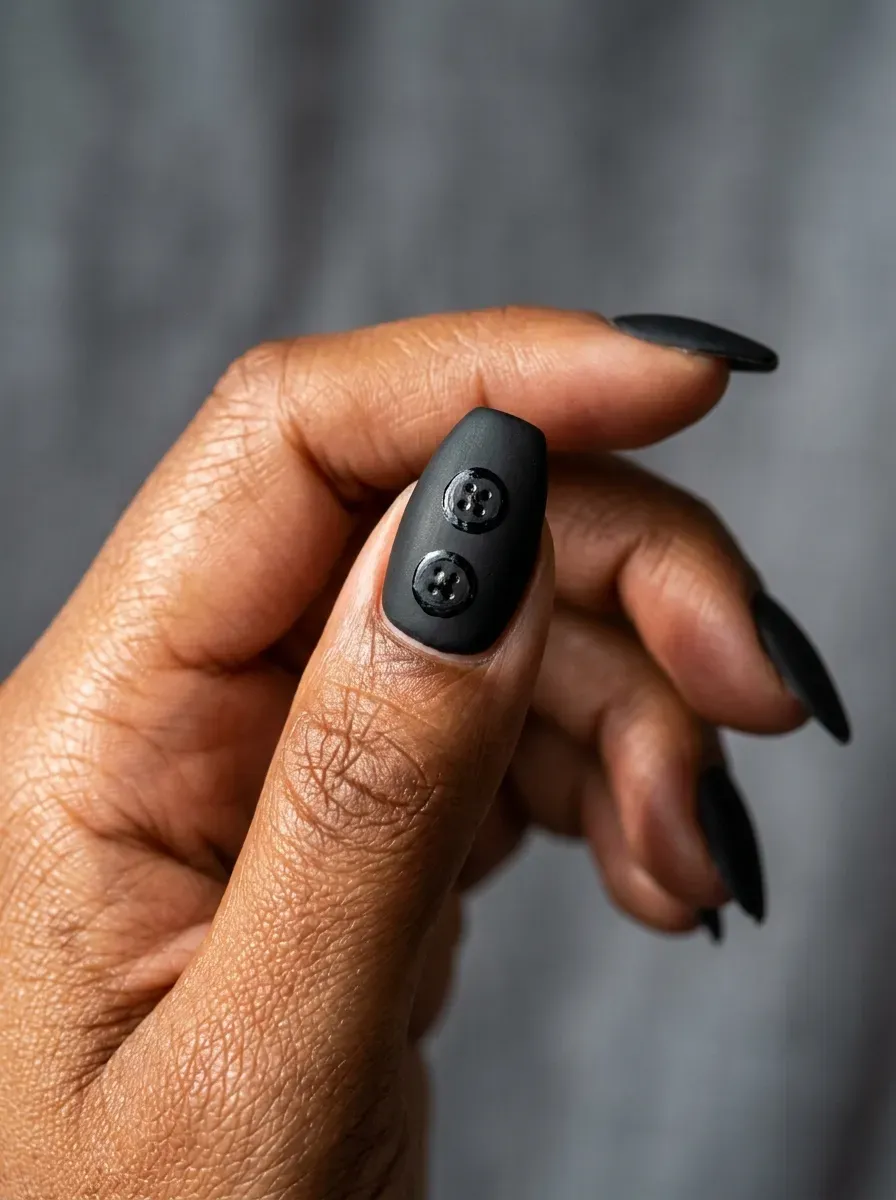 Single accent nail with tiny black button-shaped nail art detail