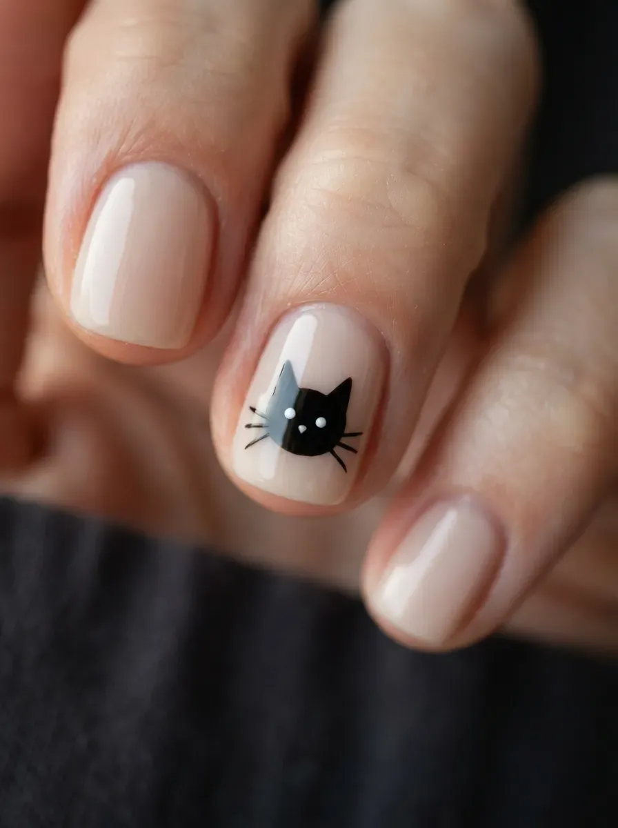 Short Halloween nails with tiny black cat eye and whisker details