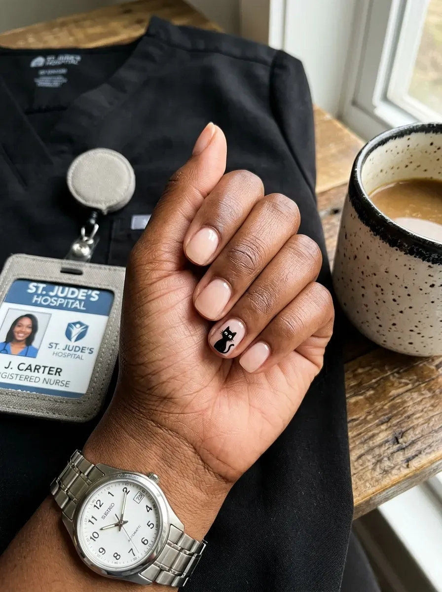 Sheer nude nails with tiny black cat silhouette accent on one nail