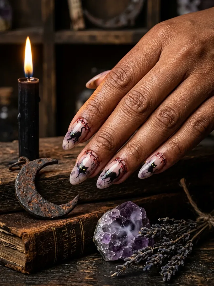 Black cat nail art with witch inspired Halloween manicure details