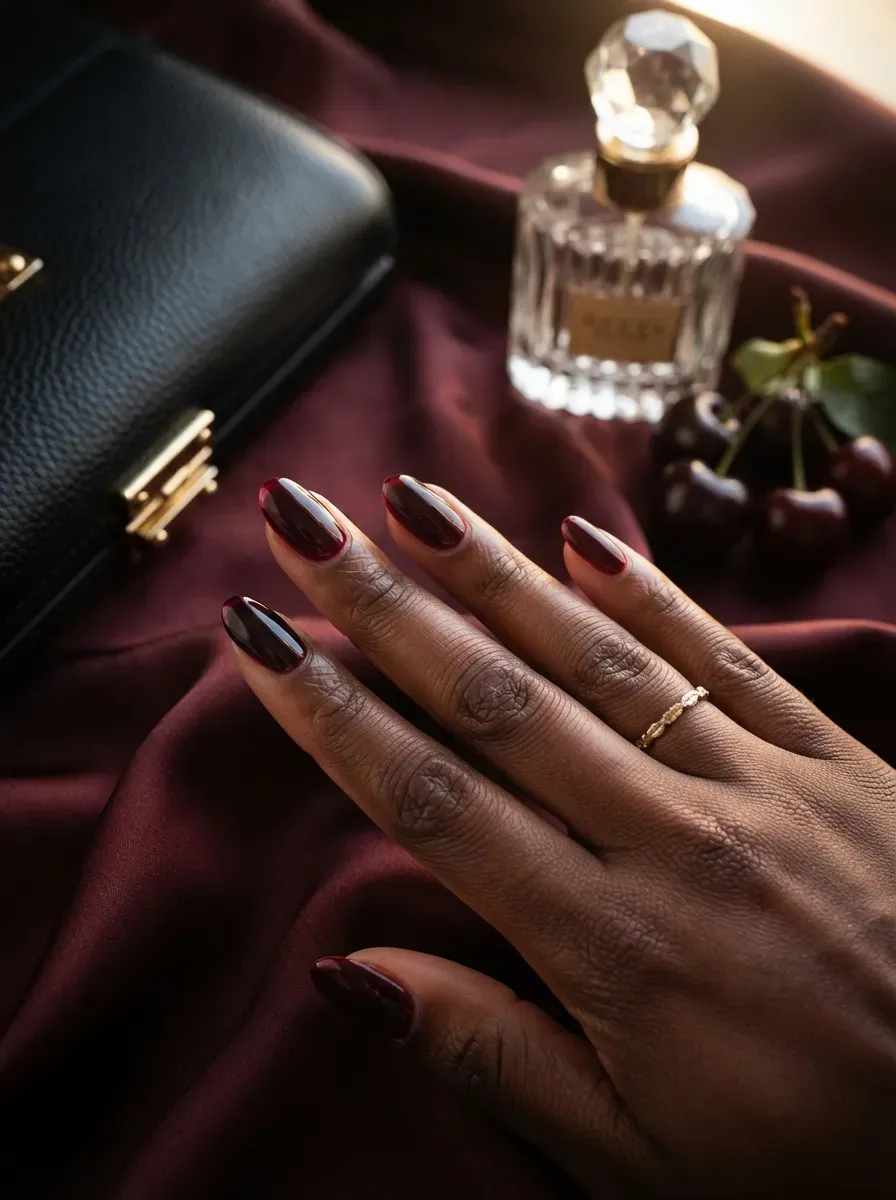Translucent burgundy jelly nails on rich dark skin with wine accessories
