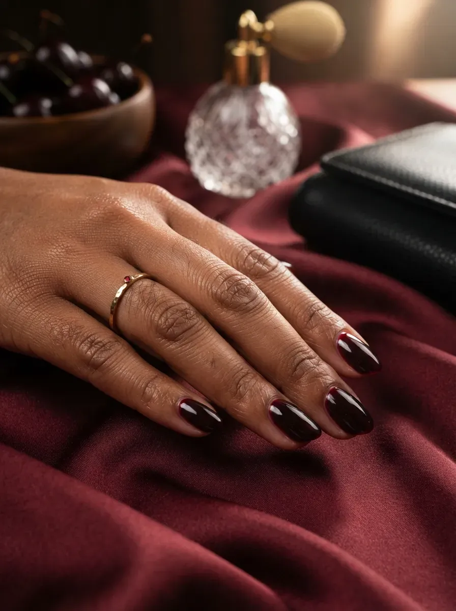Translucent black cherry nails on brown skin beside burgundy accessories