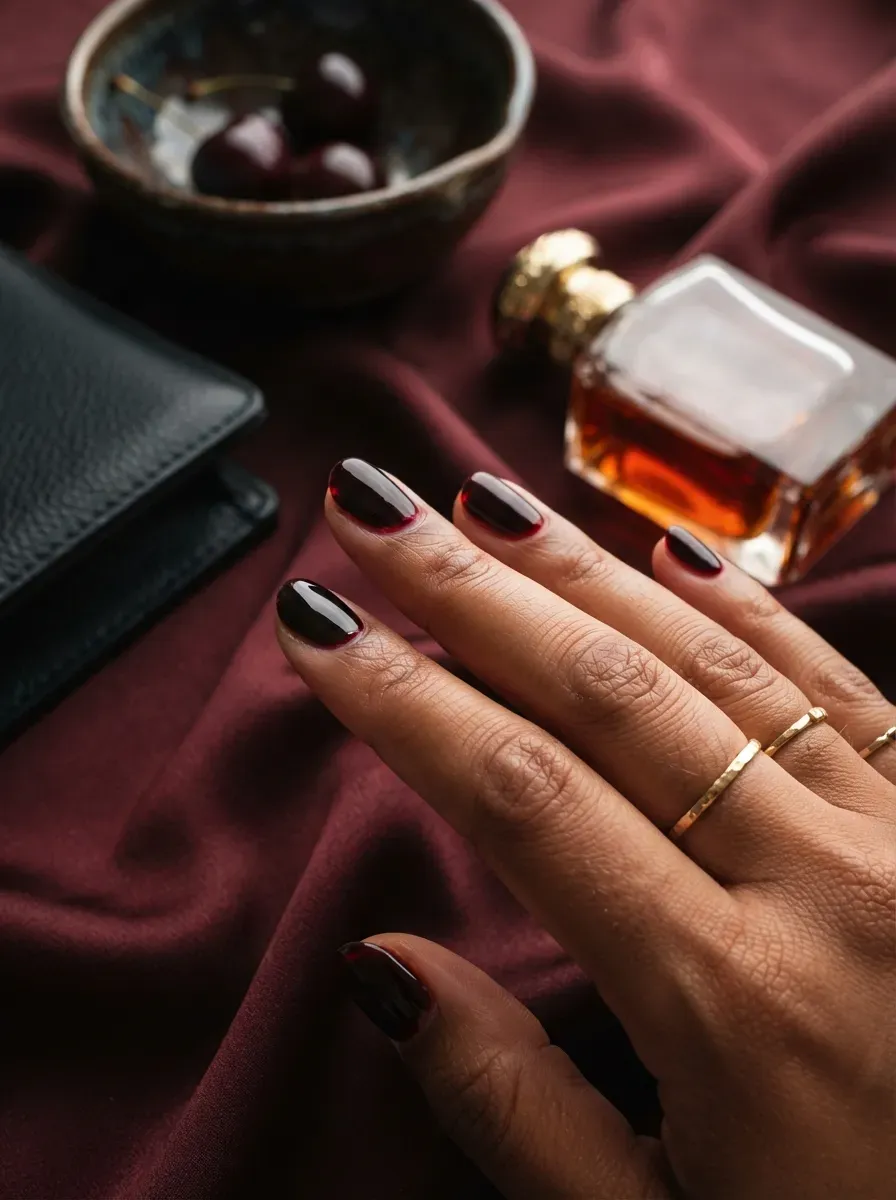 Translucent black cherry nails on warm brown skin with dark red styling