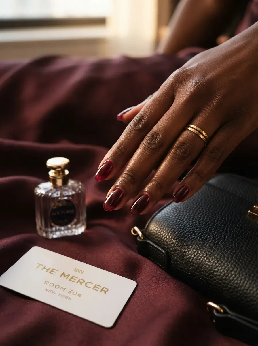 Black cherry jelly nails on deep brown skin with evening travel styling