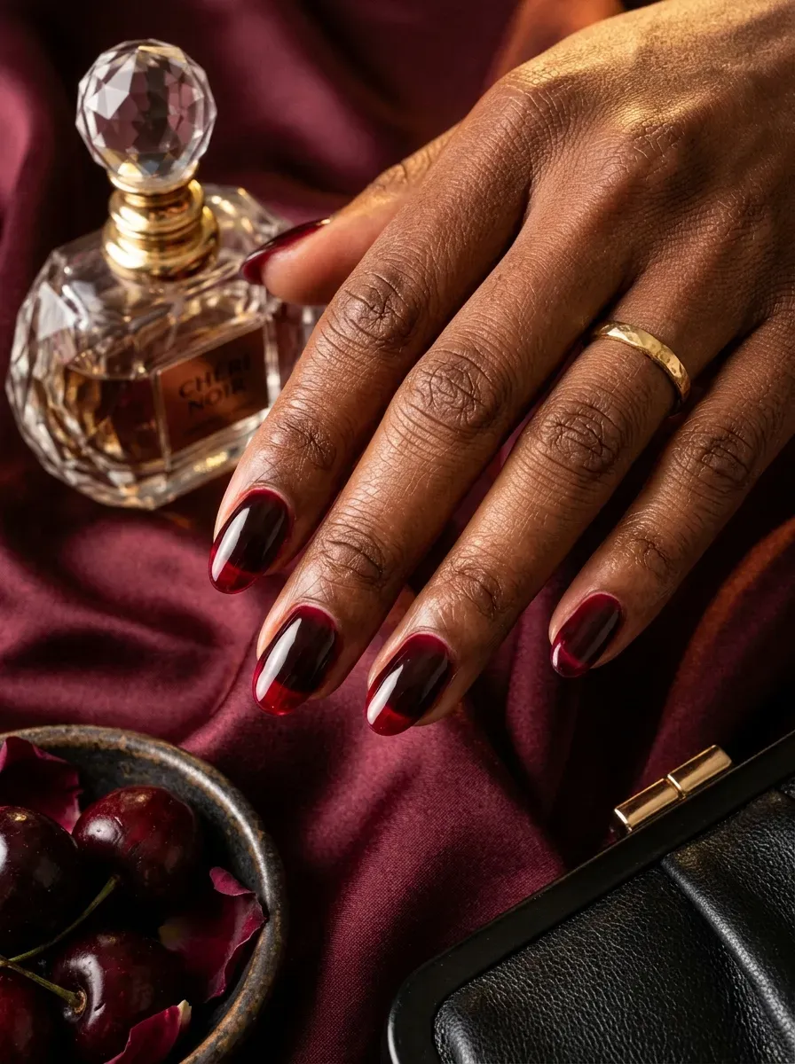 Translucent black cherry nails on deep brown skin with burgundy satin accessories