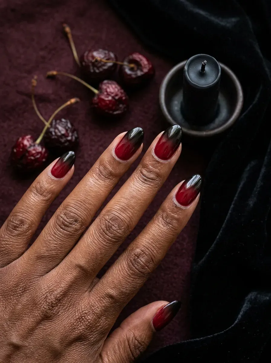 Nails with a deep cherry red to black ombre gradient on rich dark skin tone