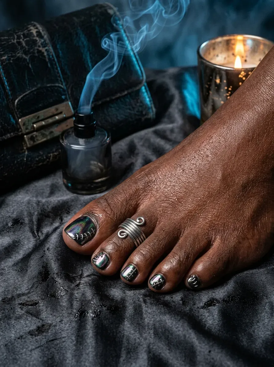 Black chrome pedicure with metallic reflections on deep brown skin