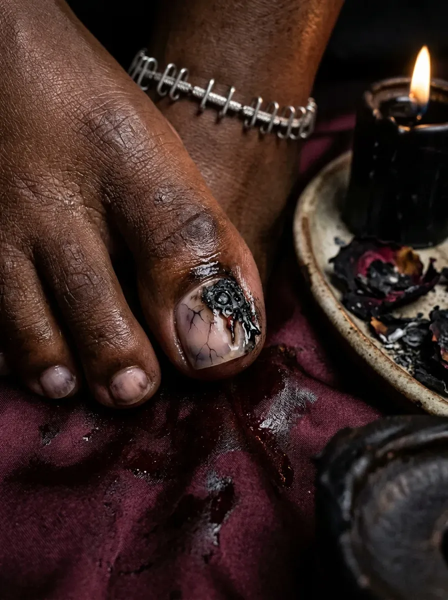 Nude toenails with black flame French tips on big toes