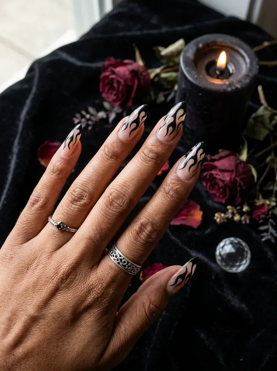 Black flame Halloween manicure with gothic witch styling