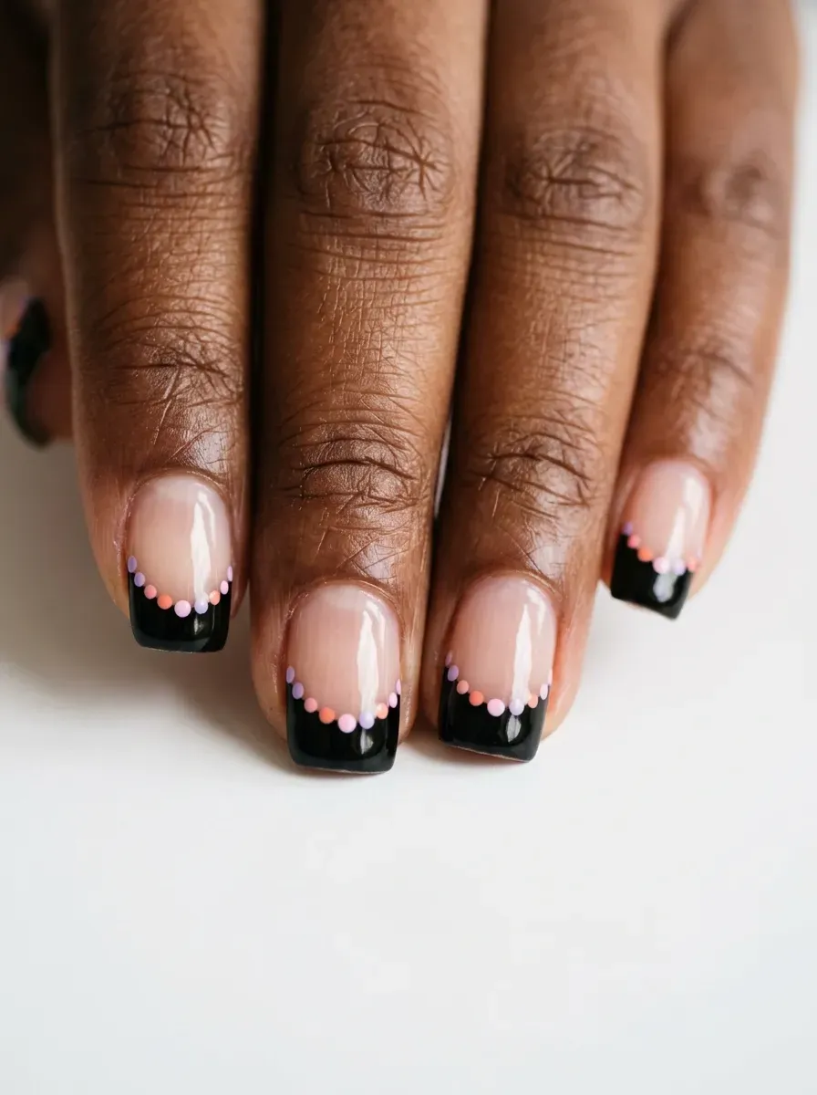 Short square nails with black French tips and pastel dot accents