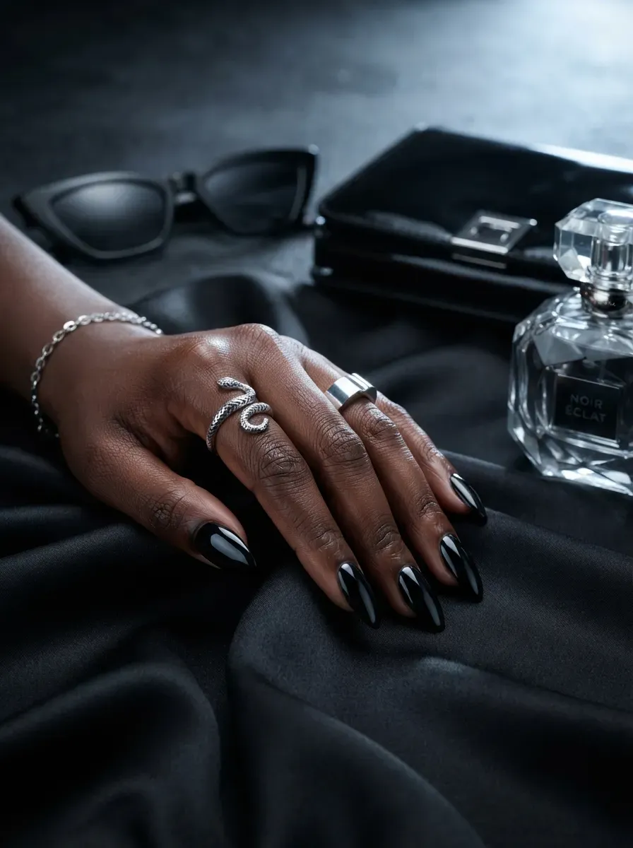 Glossy black French tips on long almond nails over rich dark skin