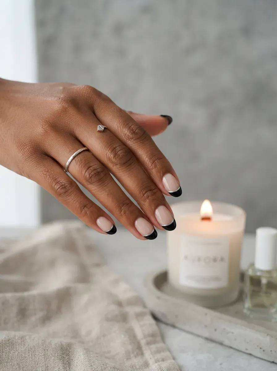 Nails with a solid black tip outlined in a thin silver line over a nude base on warm brown skin