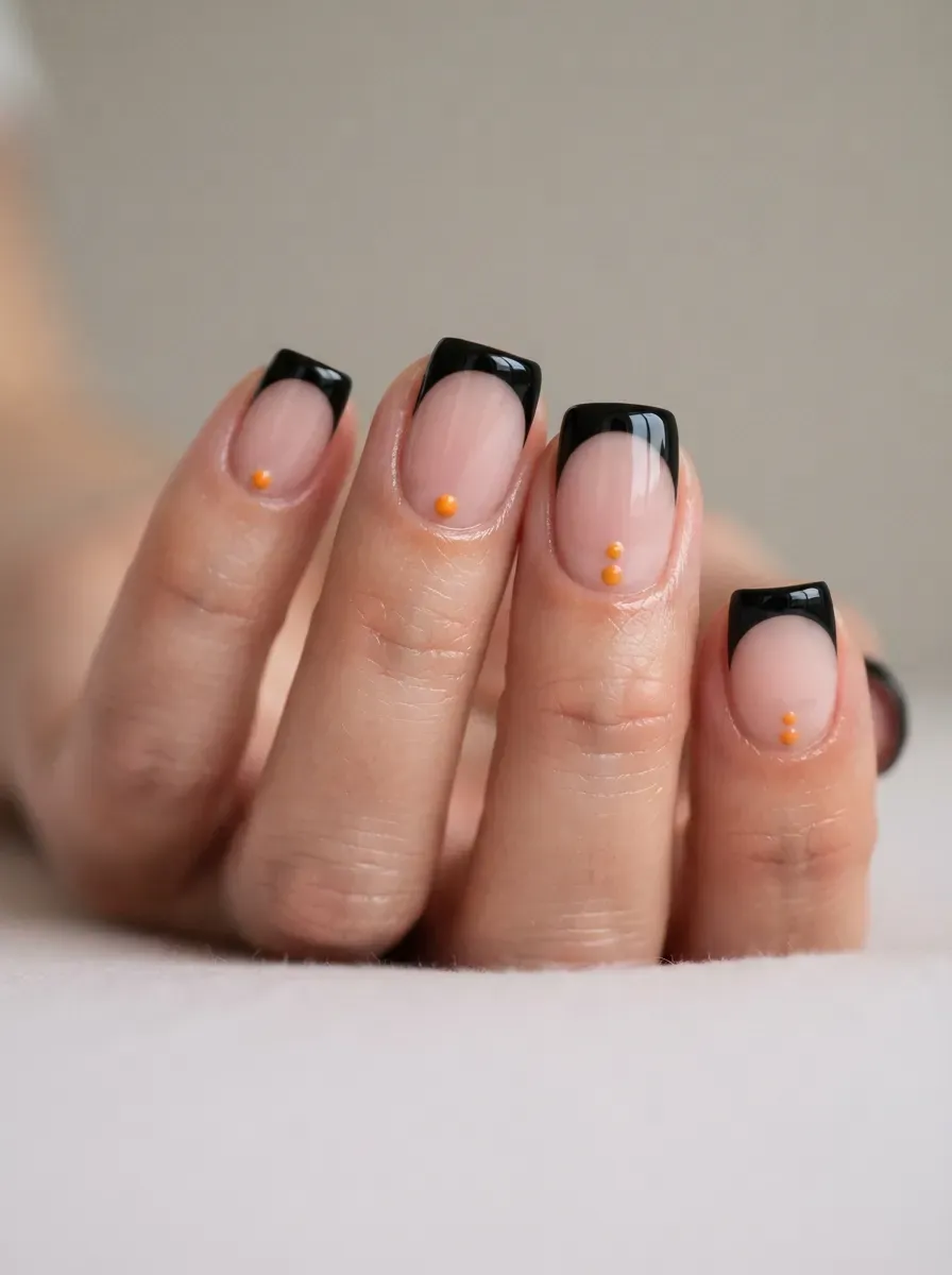 Short nails with black French tips and tiny orange dot accents