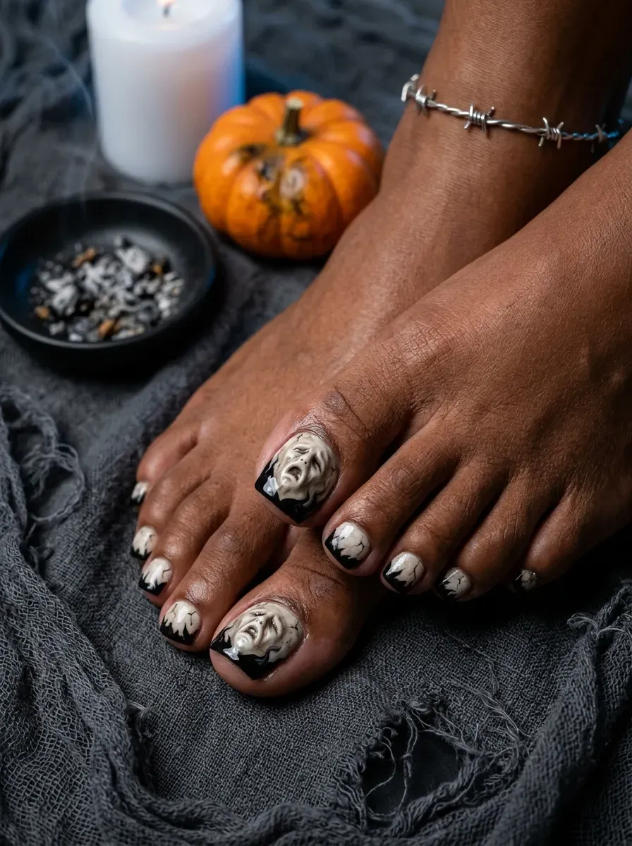 Black French pedicure with tiny white ghosts on big toes