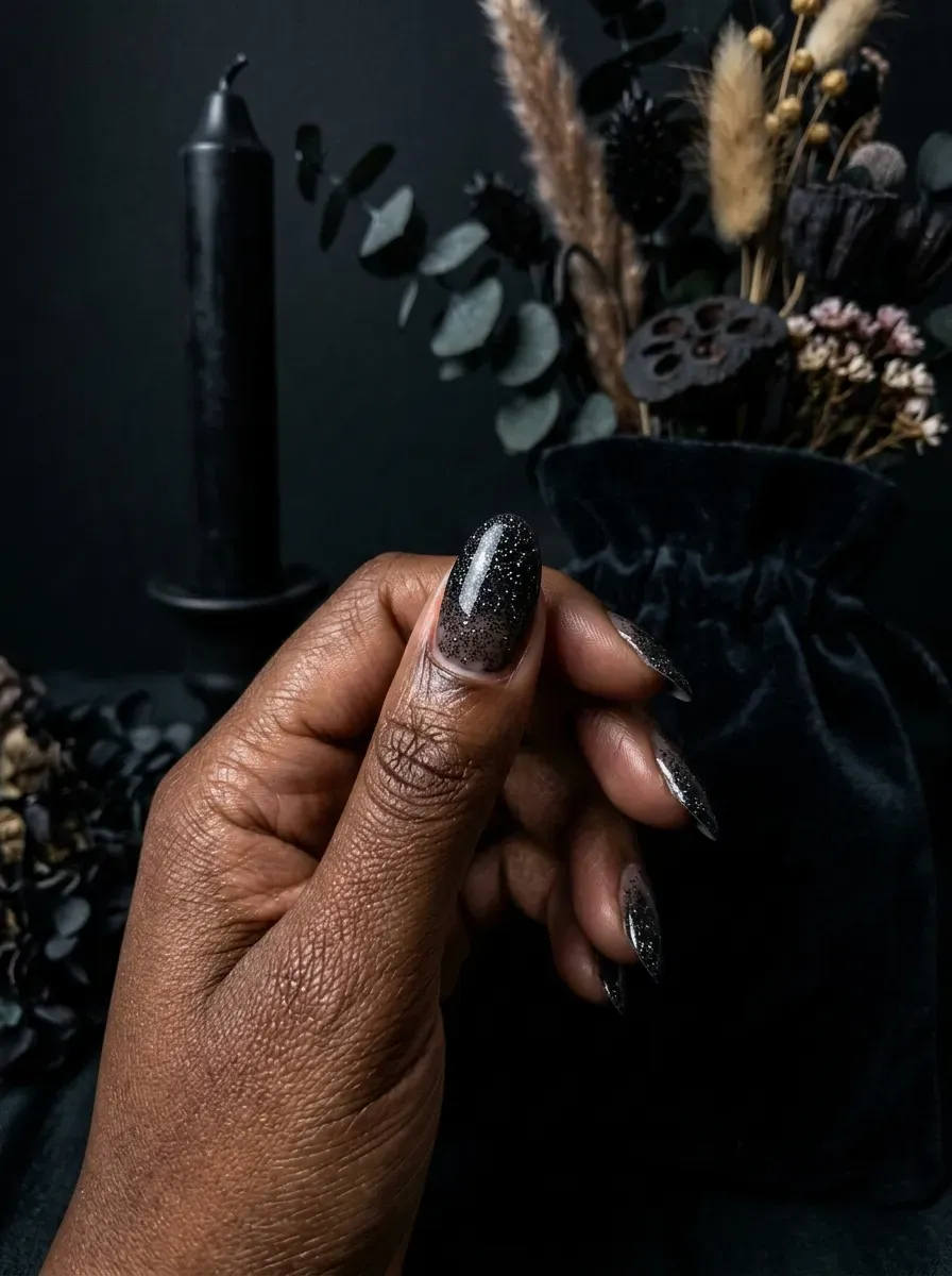 Nails with a black glitter gradient fading from dense at the tip to sparse at the cuticle on deep brown skin
