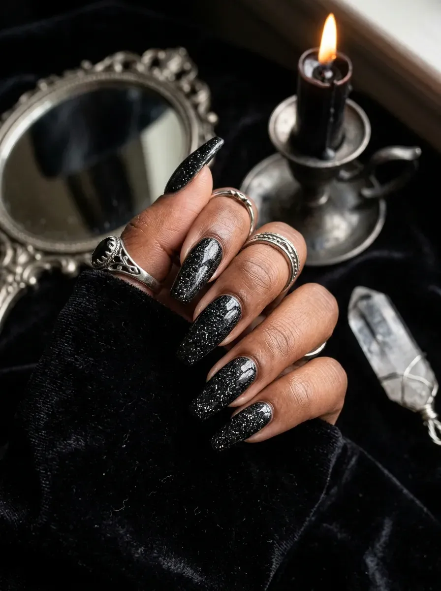 Black glitter witch manicure with sparkling Halloween finish