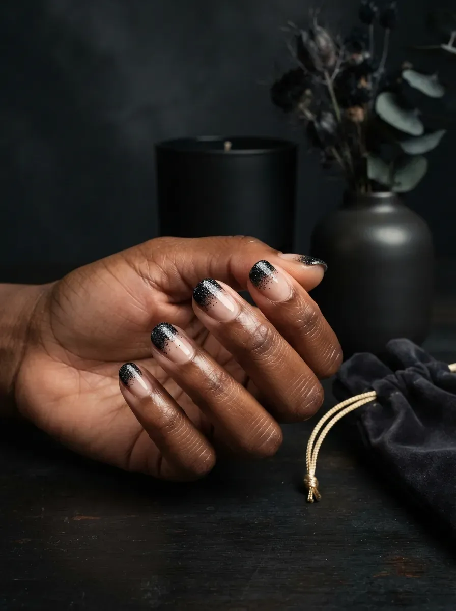 Short nails with a dense black glitter tip over a nude base on deep brown skin