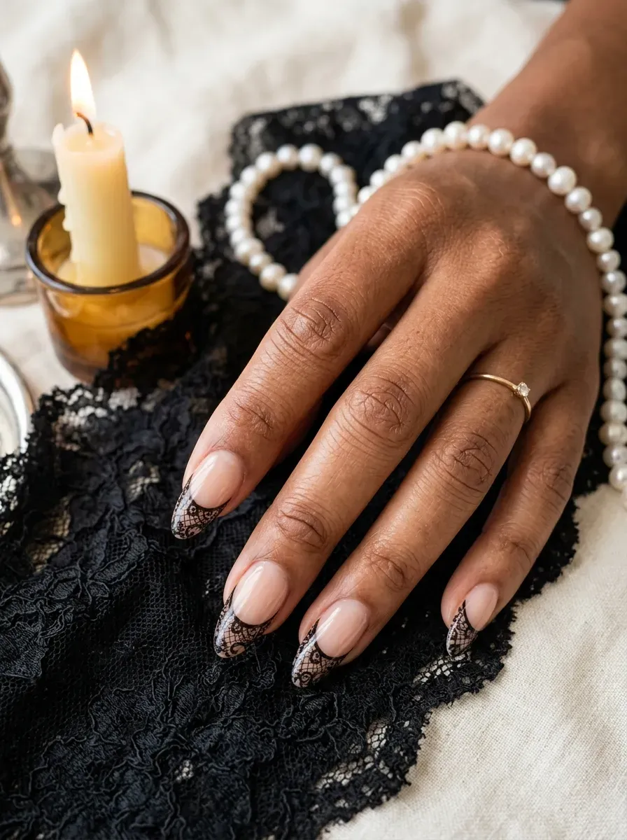 Nails with a black lace pattern painted only within the french tip area over a nude base on brown skin with warm undertones