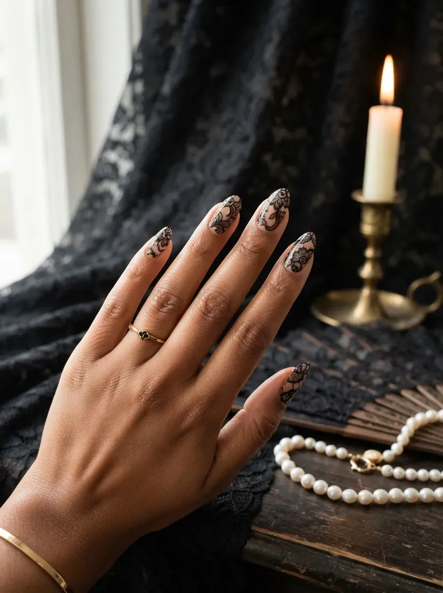Nails with a fine black lace pattern hand painted over a sheer nude base on warm brown skin