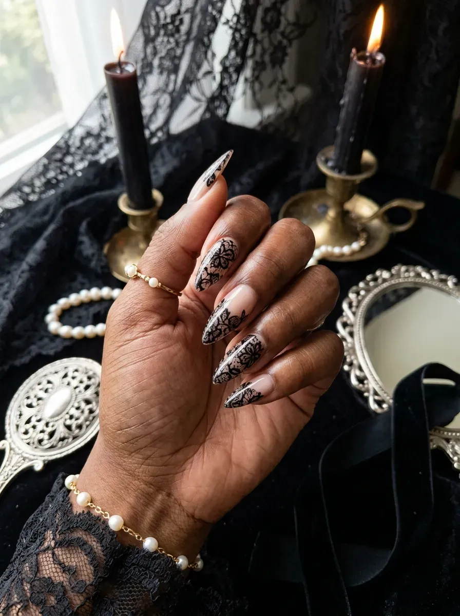 Black lace pattern manicure with gothic witch style