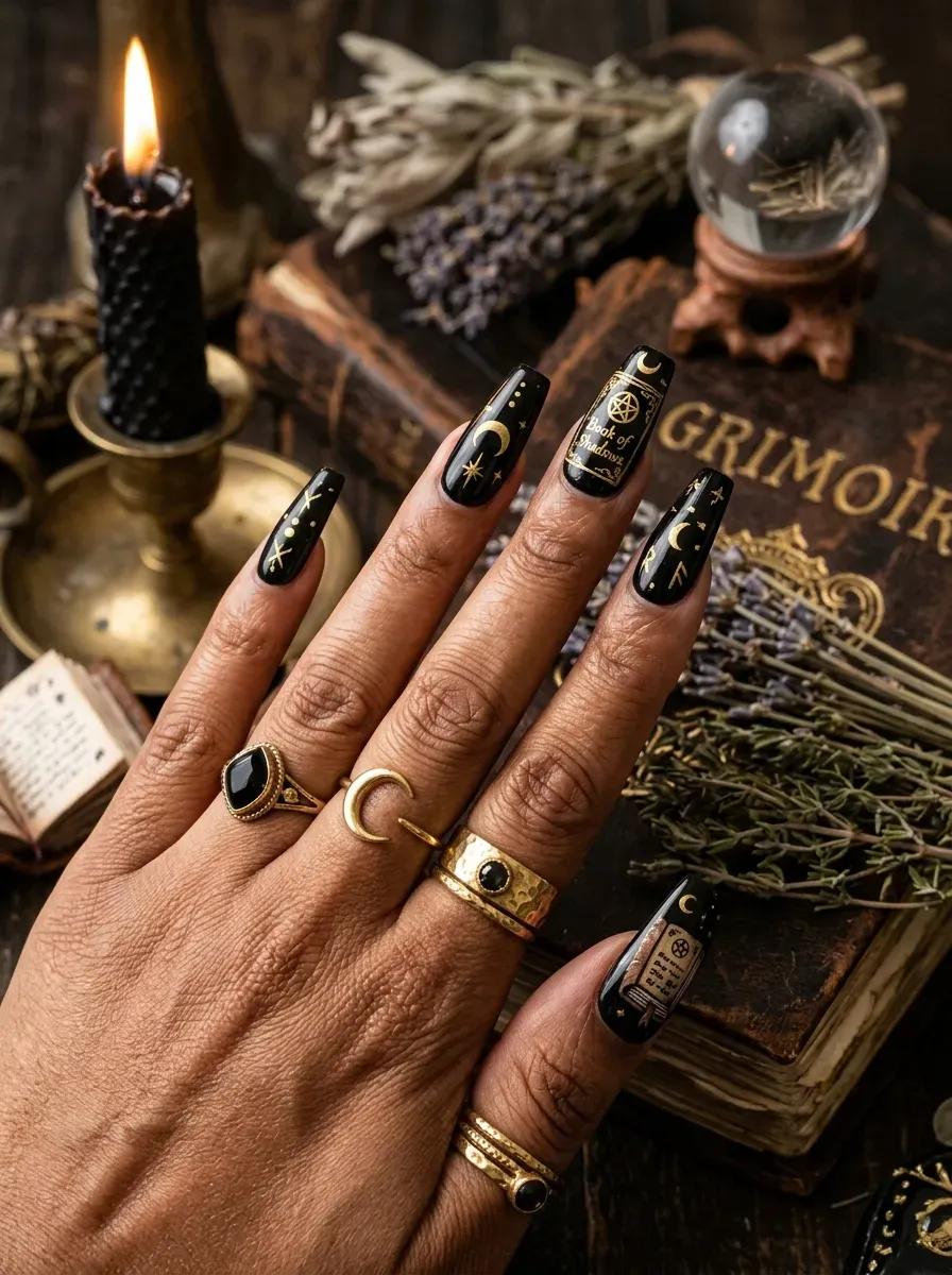 Spell book inspired witch nails with dark Halloween artwork