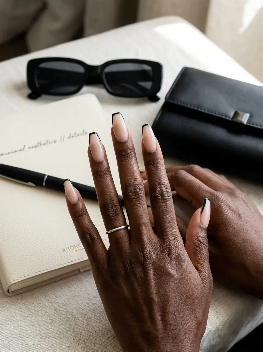 Long nude coffin nails with thin black French tips on chestnut skin
