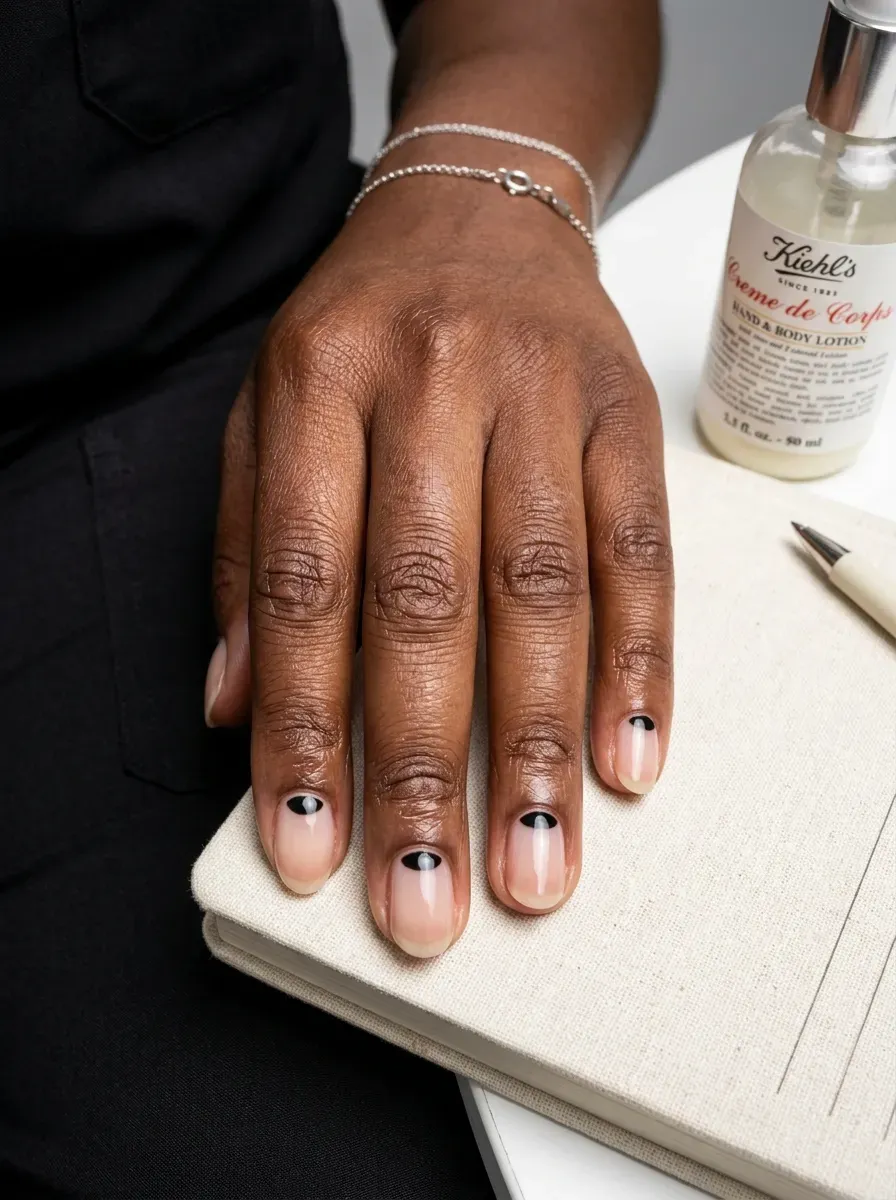 Short nude nails with small black half moons at cuticles