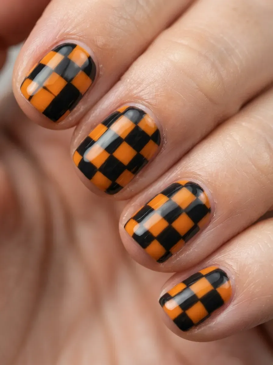 Short black and orange checkerboard nails with glossy Summerween manicure