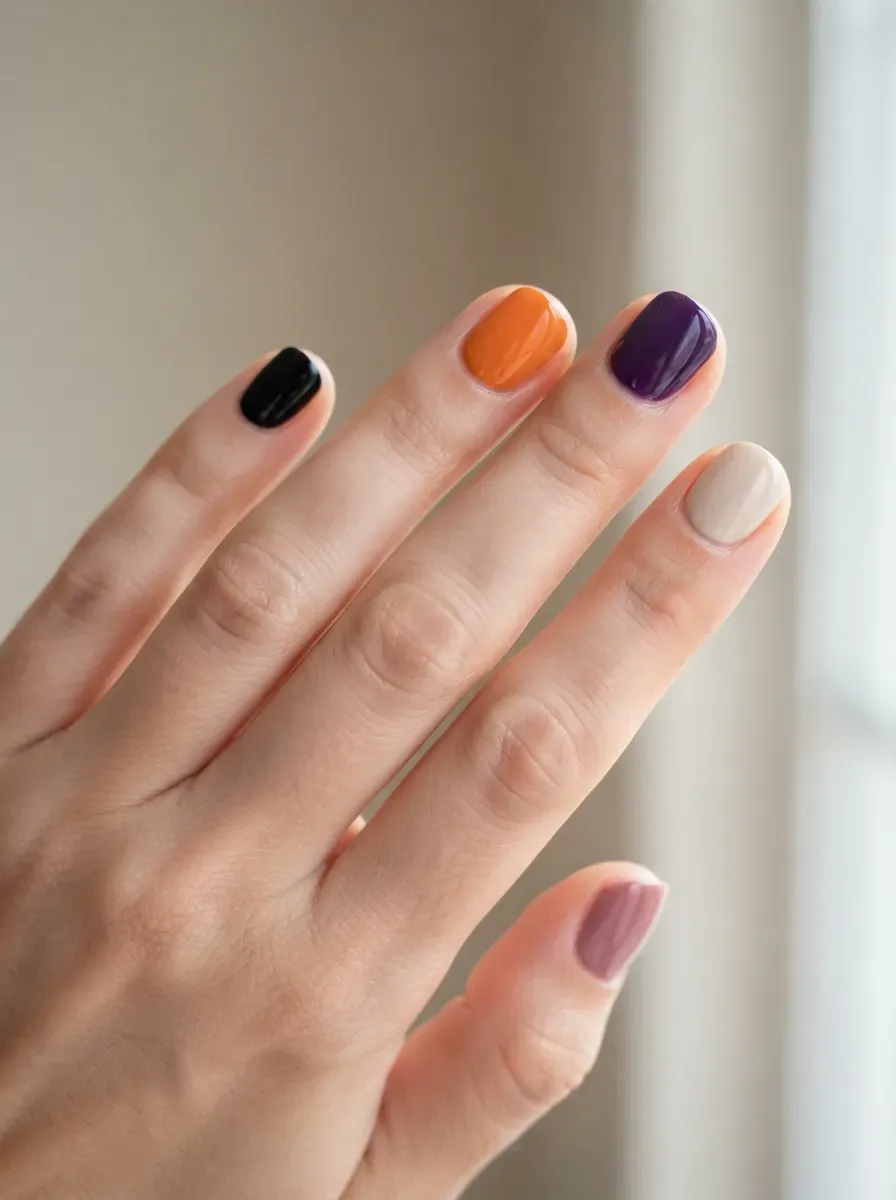 Short nails painted in alternating glossy black orange purple and cream shades